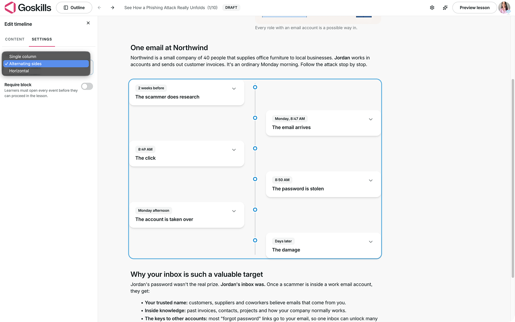 GoSkills Timeline settings showing Single column, Alternating sides, and Horizontal layout options, plus the Require block toggle.