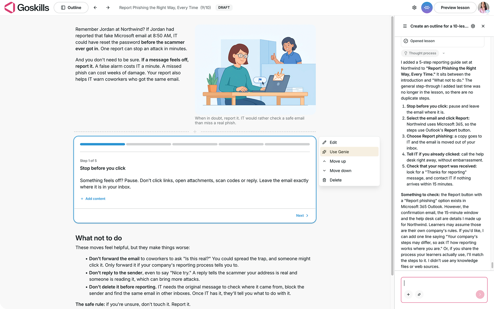 GoSkills Course Builder showing a five-step phishing reporting guide created with Genie, alongside the AI assistant panel.