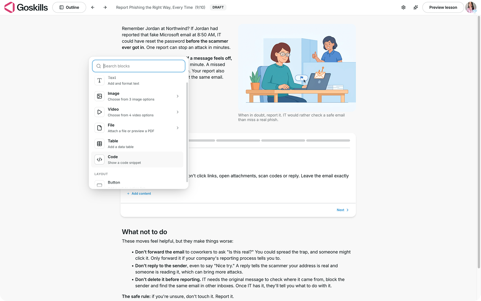 GoSkills Step-through block showing the content menu with options for text, images, videos, files, tables, and code.