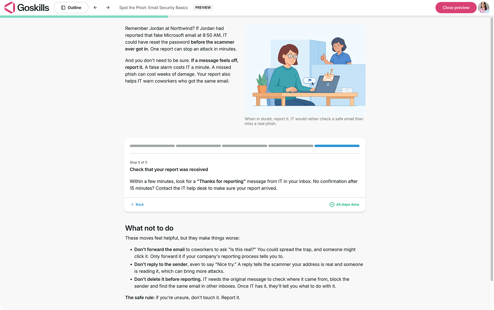 GoSkills learner preview showing the final Step-through step, “Check that your report was received,” with the last progress segment highlighted and an All steps done confirmation.