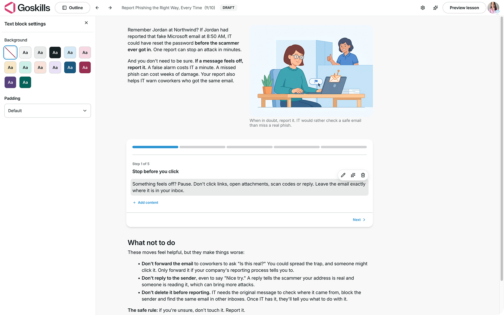 GoSkills Step-through text block settings showing background color and padding options beside an editable instruction.