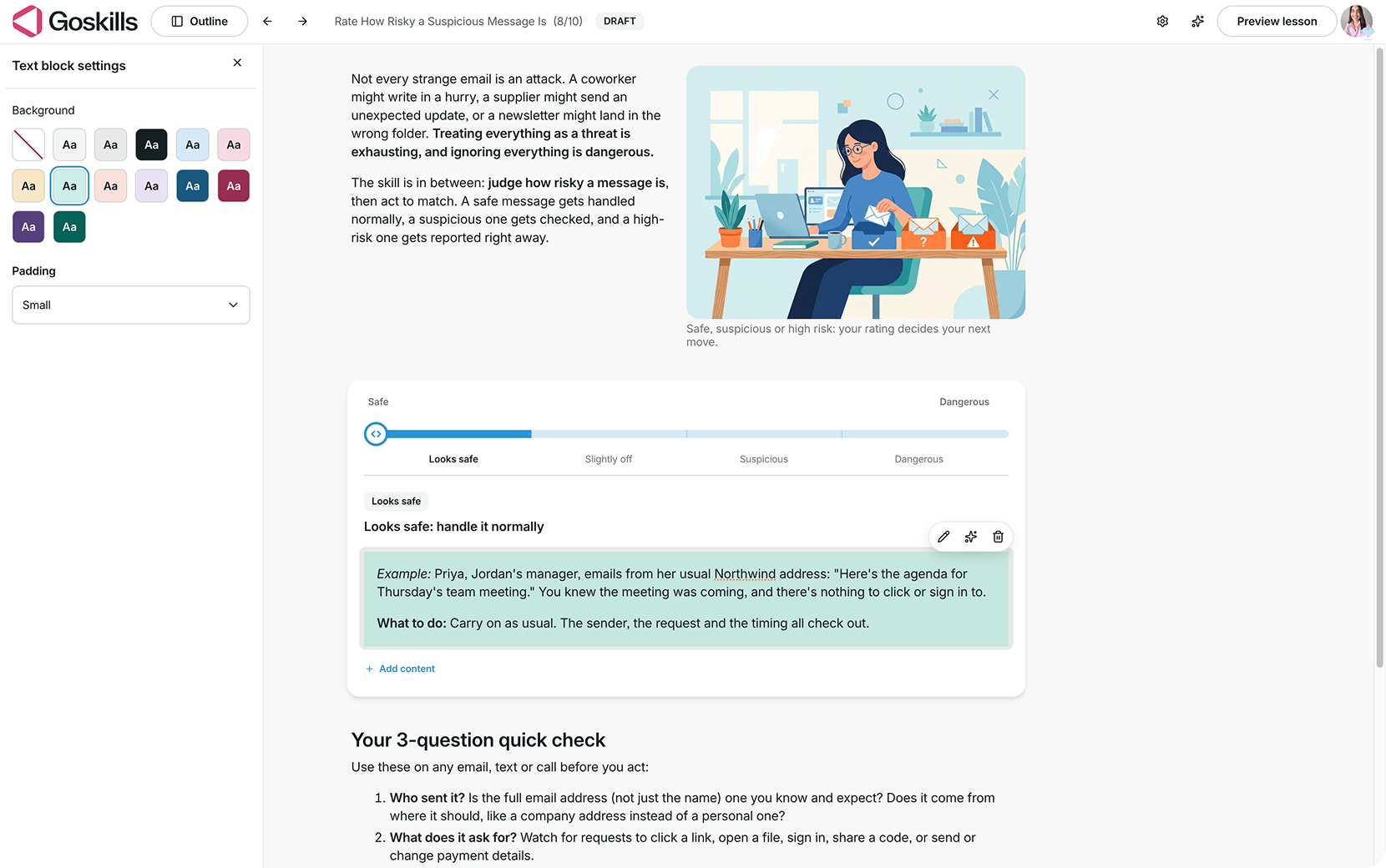GoSkills Slider block showing text editing controls and background color and padding settings within a phishing risk zone.