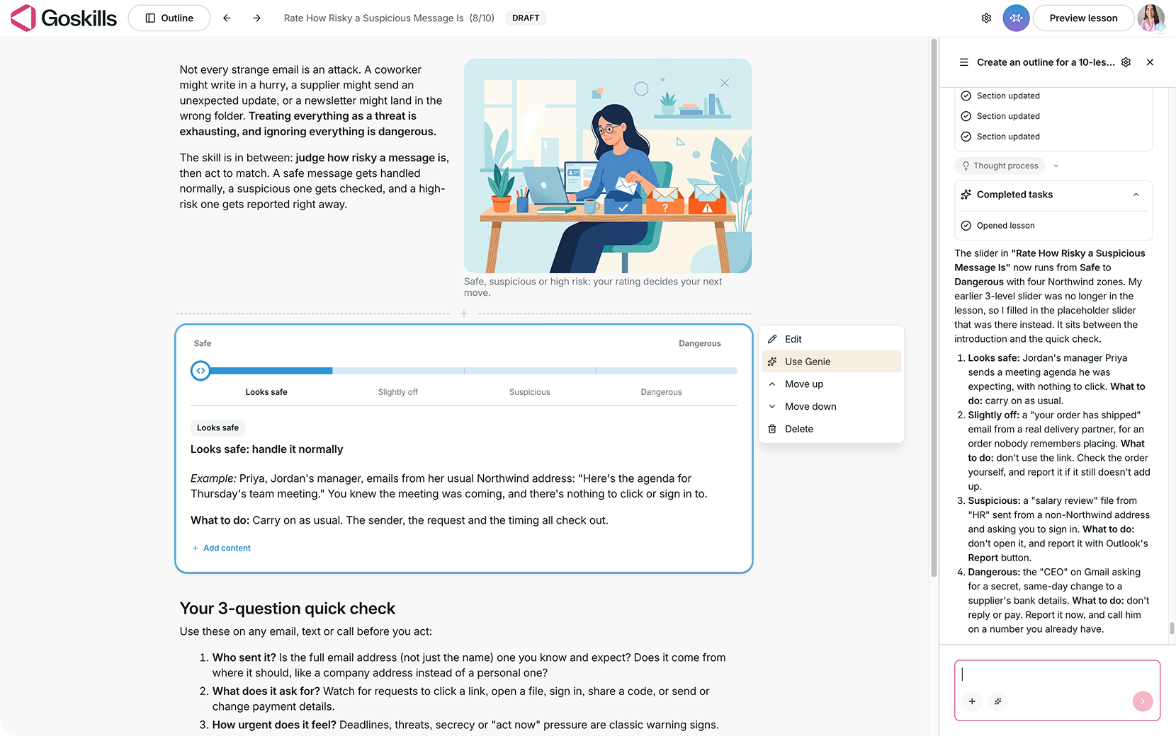 oSkills Course Builder showing a four-zone phishing risk Slider block generated with Genie, alongside the AI assistant panel.