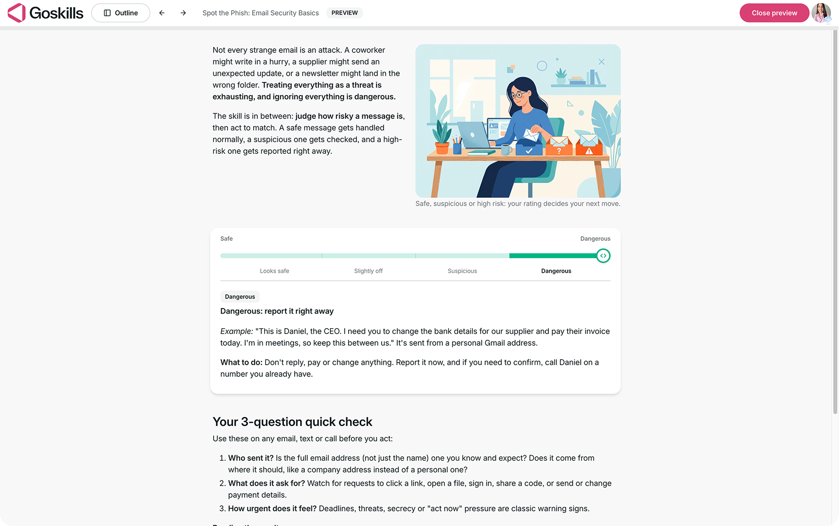 GoSkills learner preview showing a phishing risk Slider block set to Dangerous, with an example of a fraudulent payment request and recommended actions.