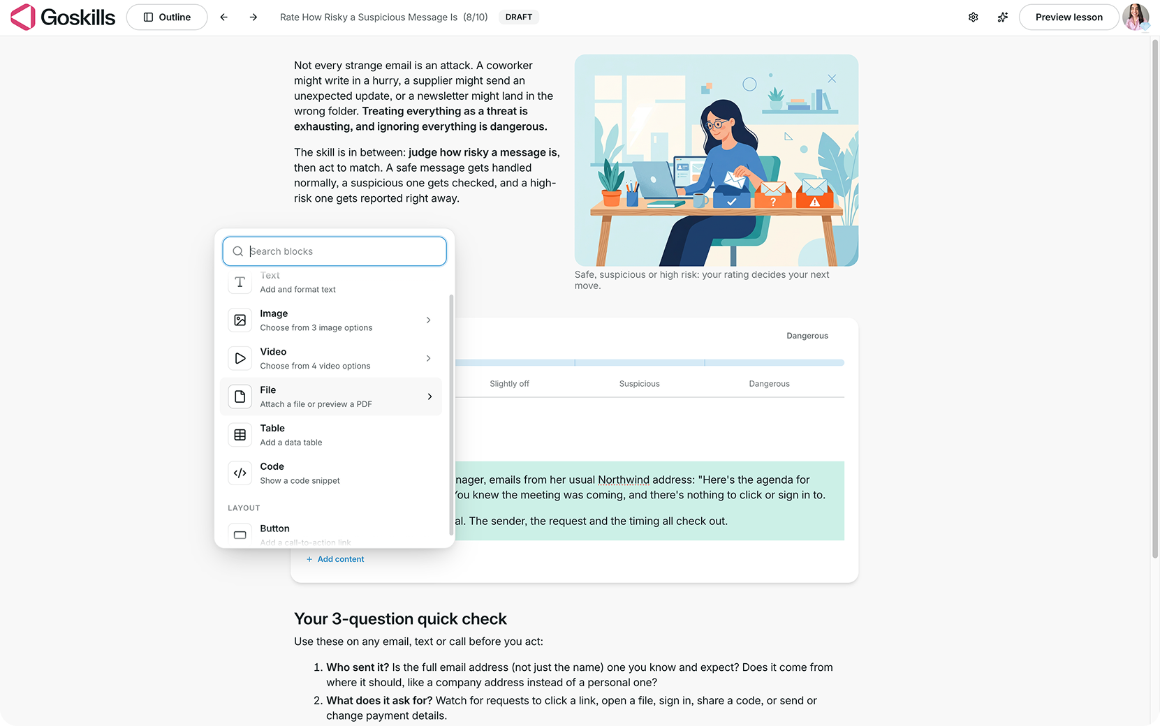 GoSkills Slider block showing the content menu with options for text, images, videos, files, tables, and code.