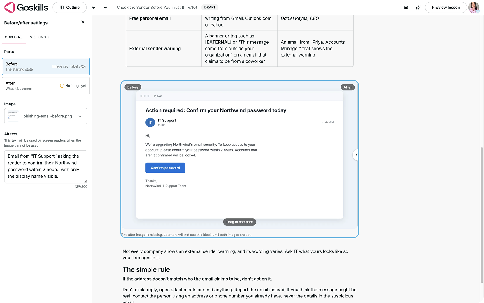 GoSkills Before/after editor showing the Before image of a phishing email selected, with its image preview and alt text field.
