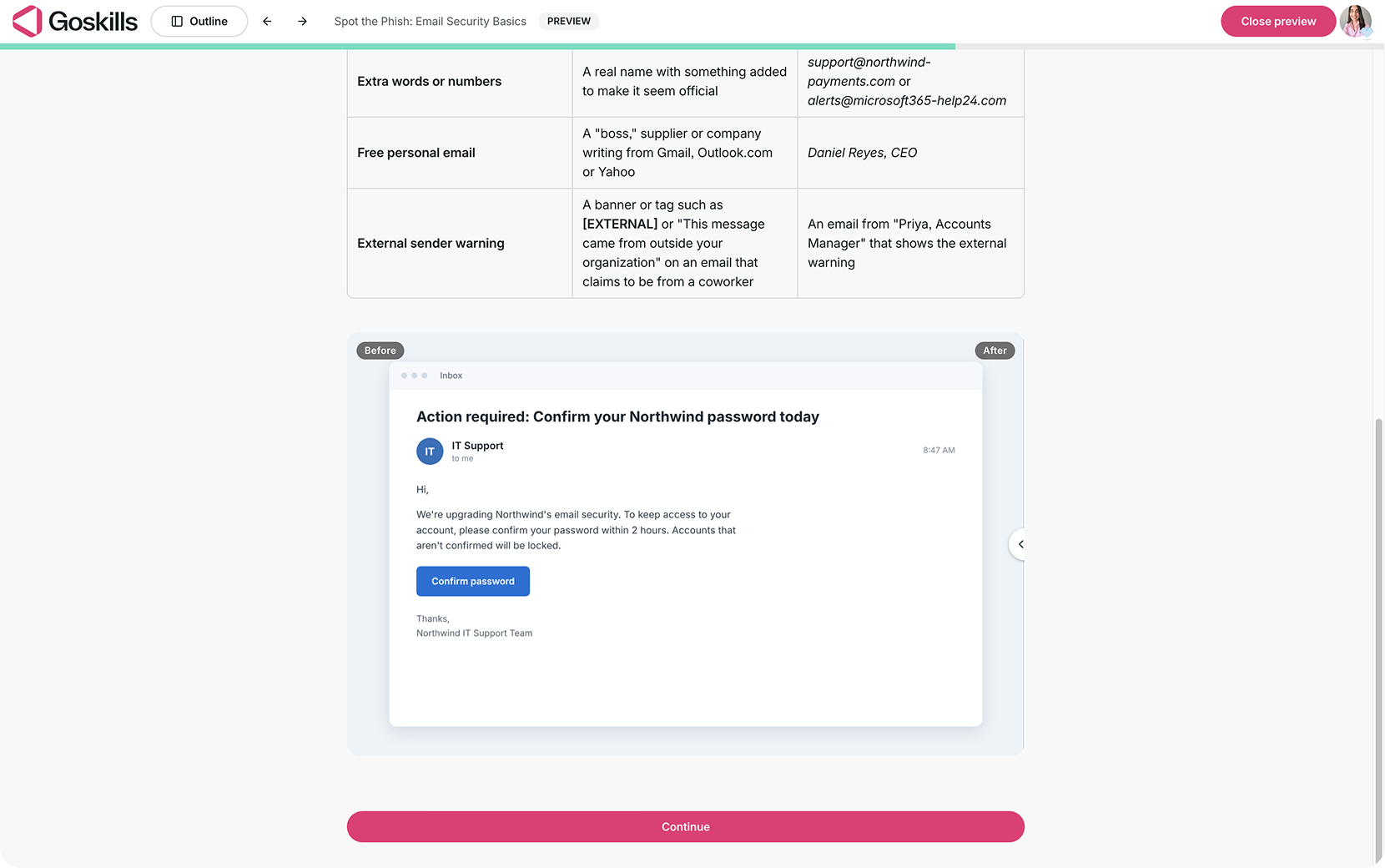 GoSkills learner preview showing the original phishing email in a Before/after block, with Before and After labels and the divider at the right edge.