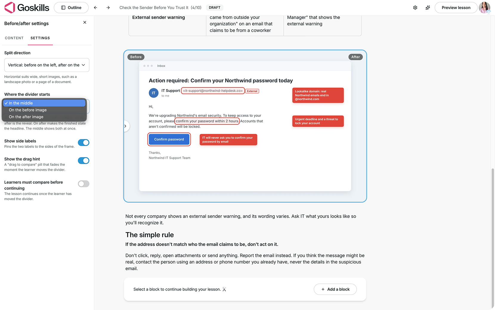 GoSkills Before/after block settings showing options for split direction, divider starting position, side labels, drag hint, and requiring learners to compare before continuing.