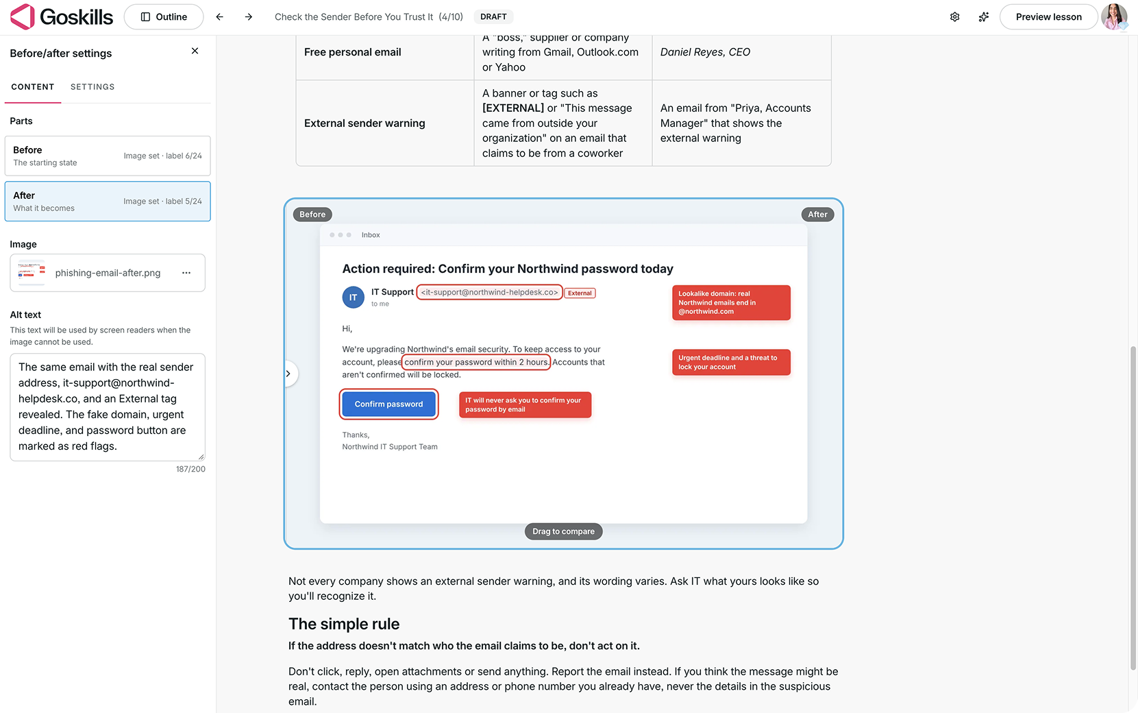 GoSkills Before/after editor showing the After image of an annotated phishing email selected, with its image preview and alt text field.