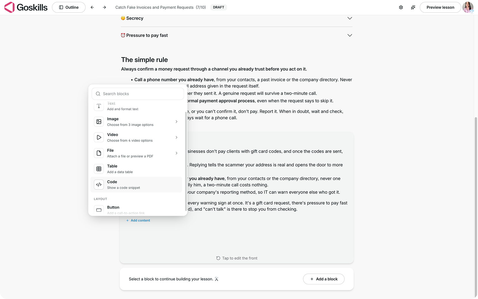 GoSkills Uncover block showing the content menu with options for text, images, videos, files, tables, and code.