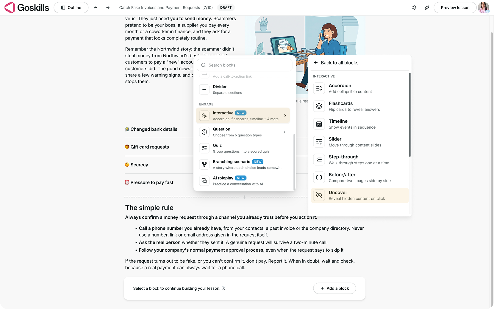 GoSkills Course Builder showing the Uncover option under Interactive in the Add a block menu.