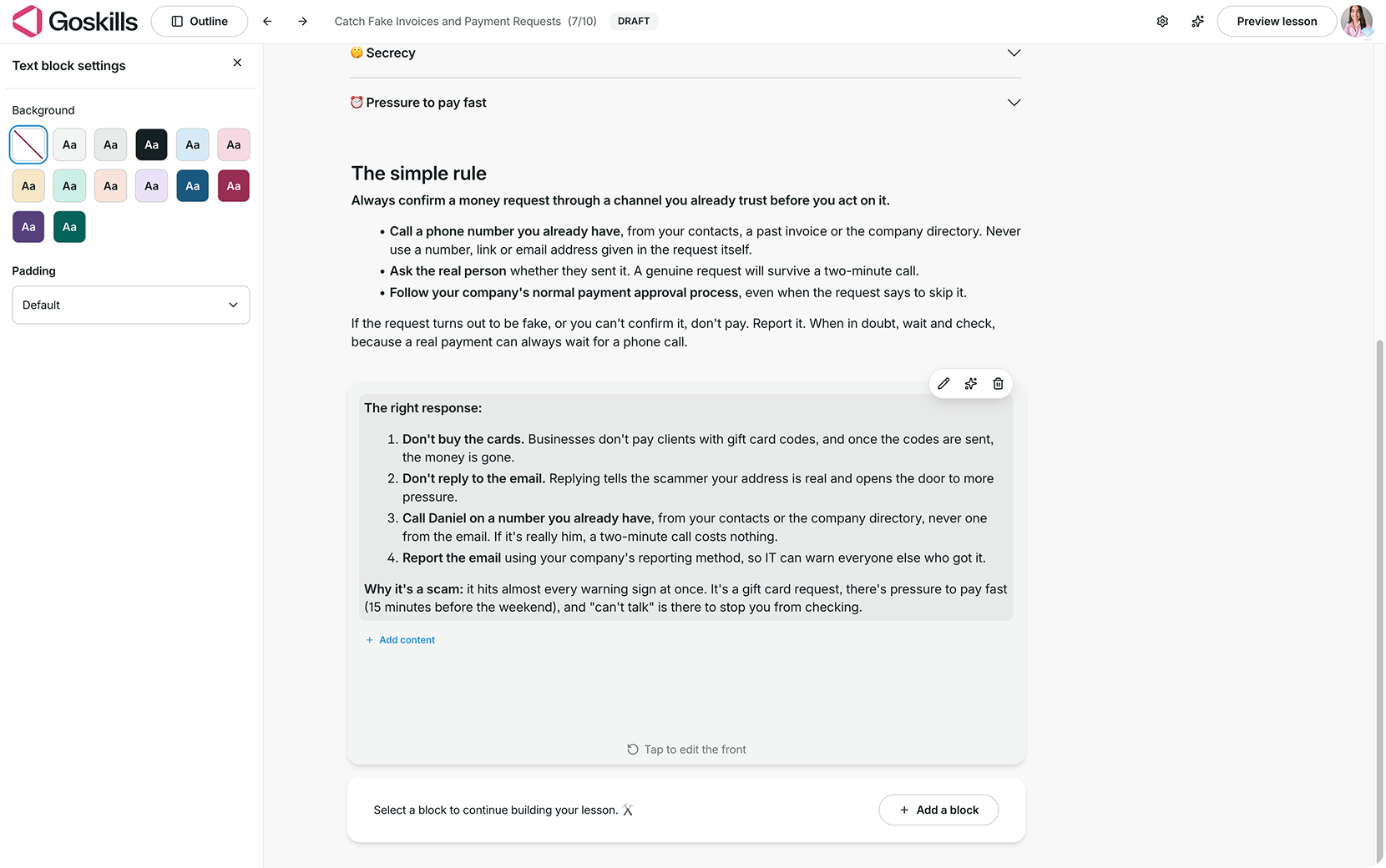 GoSkills Uncover block showing text settings for background color and padding within the hidden panel.
