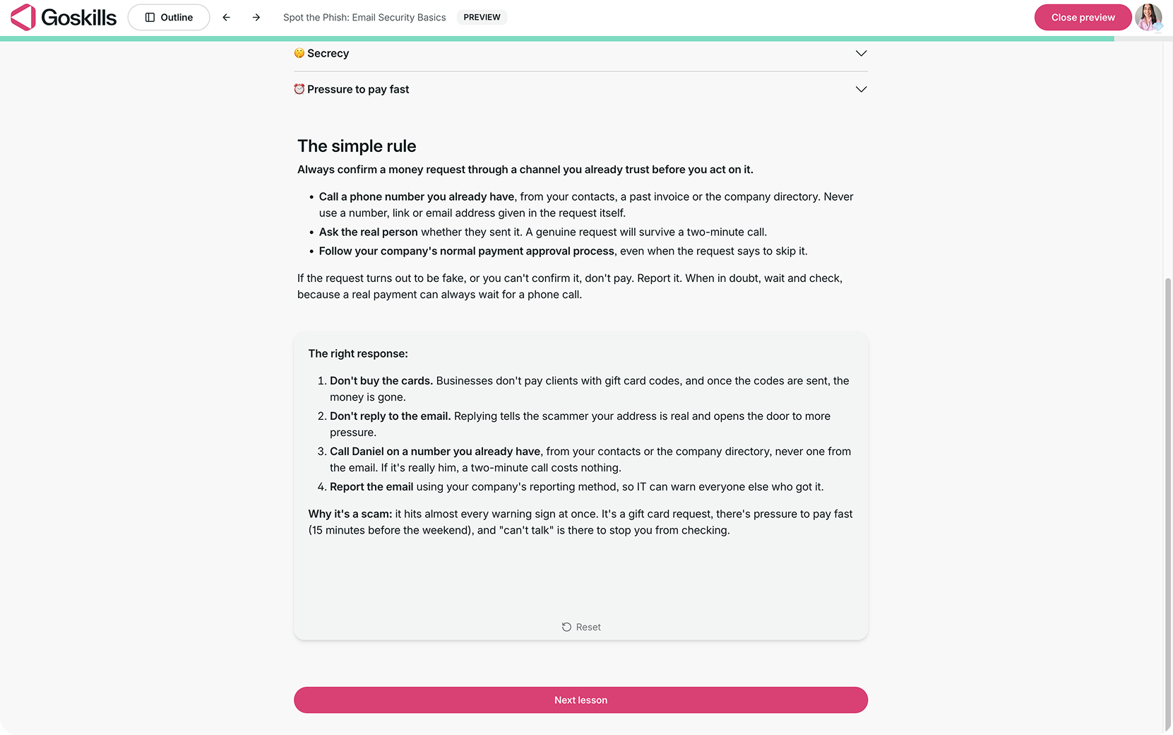 GoSkills learner preview of an Uncover block with the cover removed, showing four steps for responding to a fake gift card request from the CEO.
