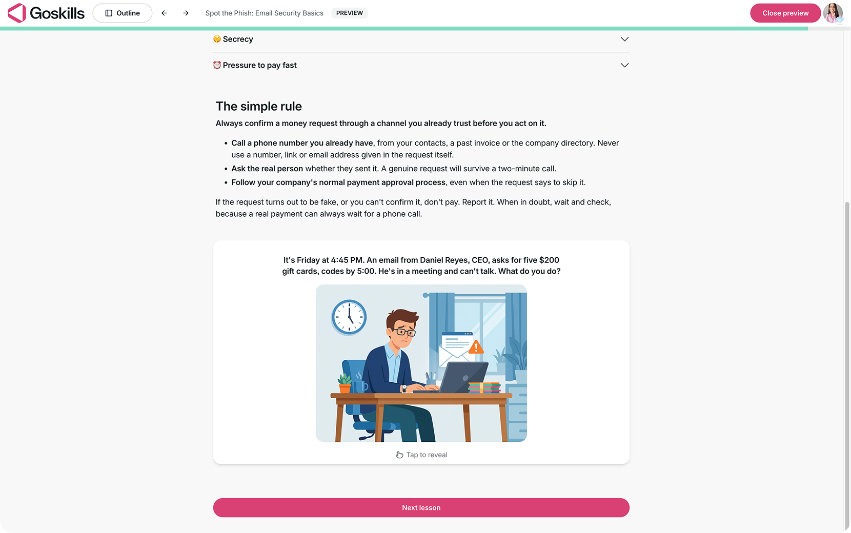 GoSkills learner preview showing an Uncover block with a suspicious gift card request scenario, an illustration, and a Tap to reveal prompt.