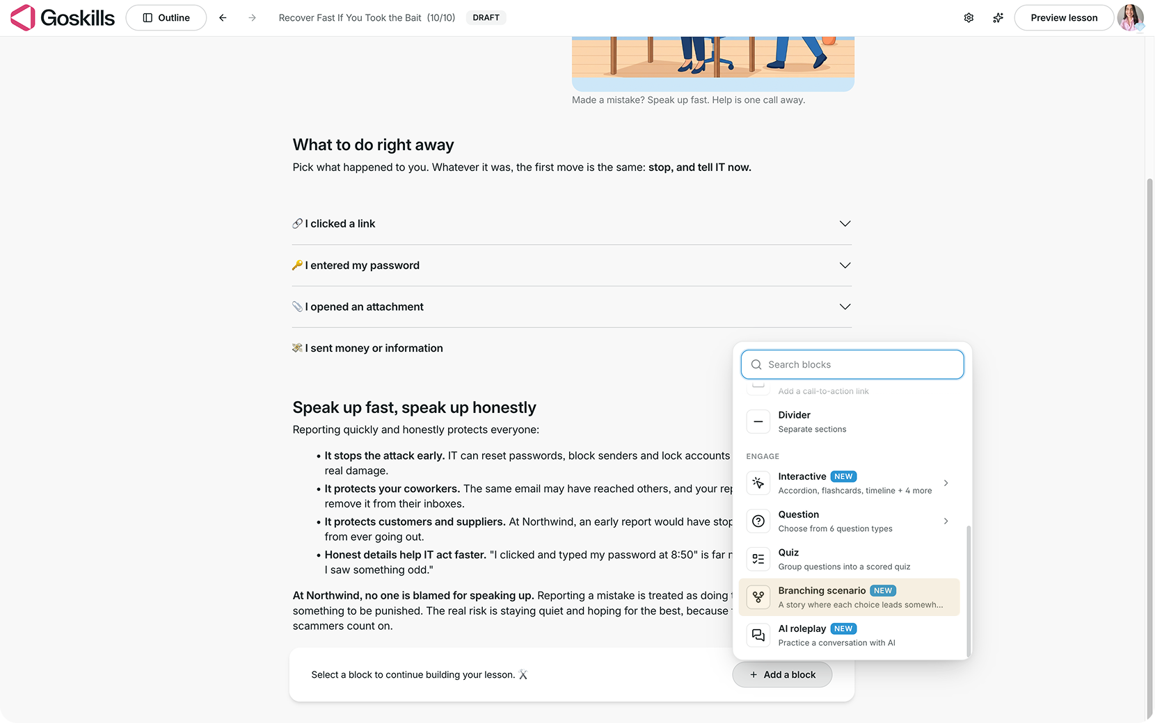 GoSkills Course Builder showing the Branching scenario option under Engage in the Add a block menu.