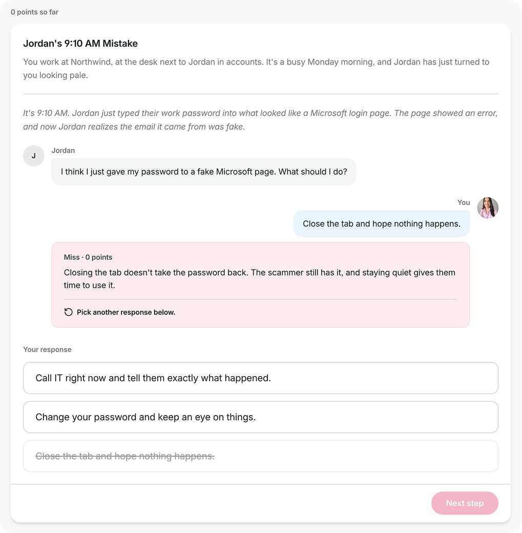 GoSkills learner preview showing a Miss response with red feedback, a prompt to pick another response, and the missed option crossed out.
