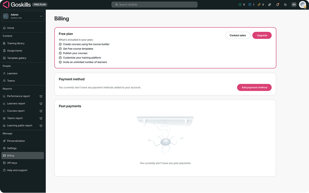 GoSkills Billing page showing the Free plan and Upgrade button.