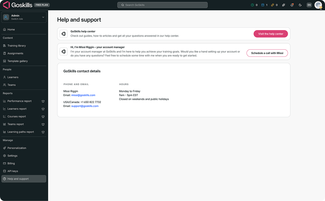 GoSkills Help and support page with an option to schedule a call with an account manager.