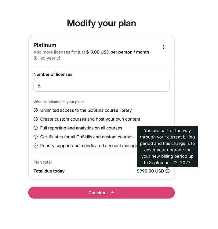 Yearly Platinum plan showing updated pricing and the Total due today details.