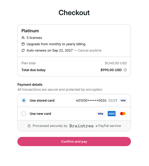 Checkout page showing yearly billing details, payment options, and Confirm and pay button.