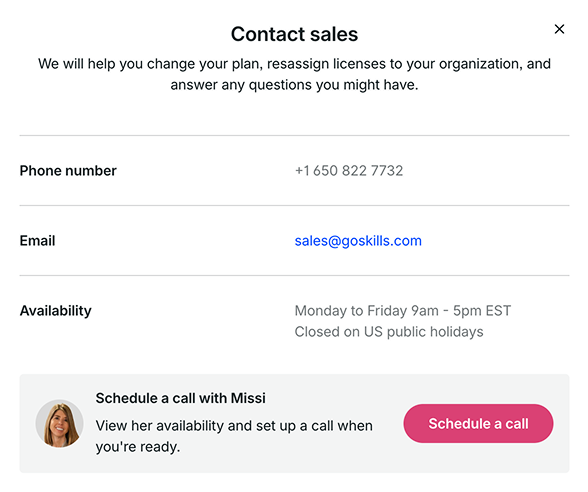 GoSkills Contact sales window with phone, email, availability, and a Schedule a call button.