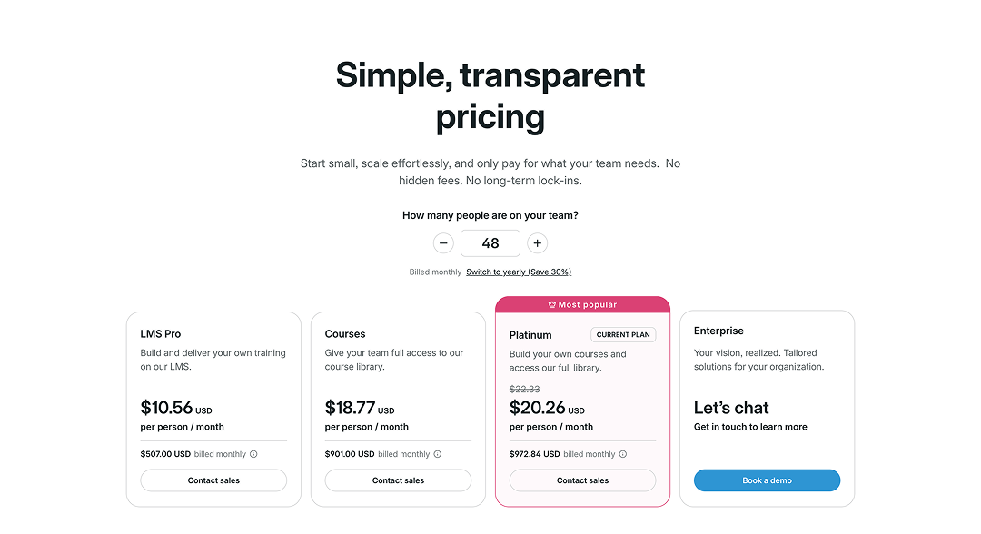 GoSkills pricing page showing monthly billing options and Contact sales buttons.