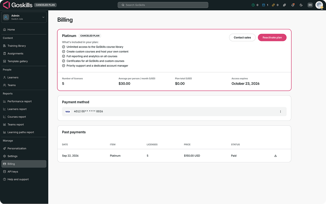 Billing page showing a canceled plan with the Reactivate plan button.