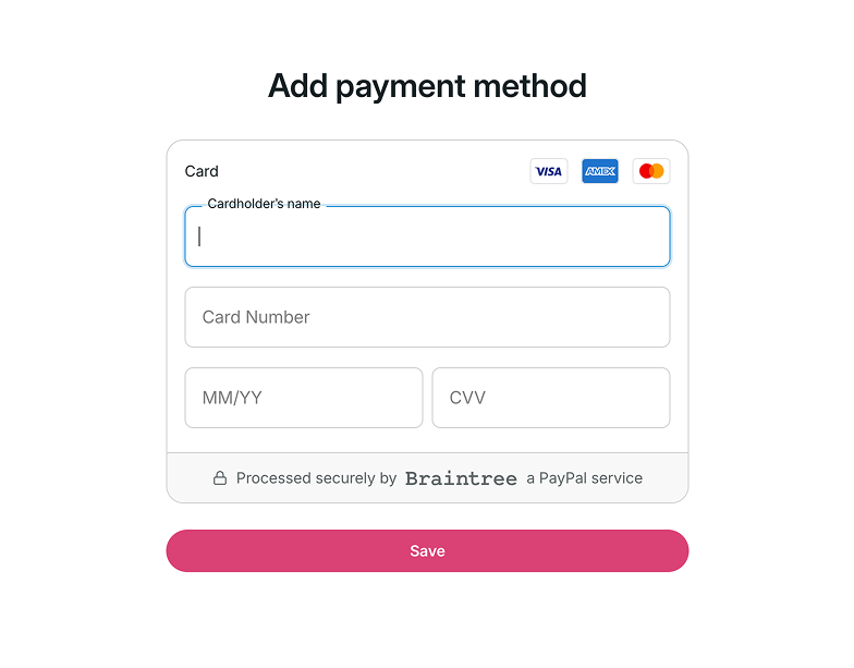 Form to add and save a new payment method.