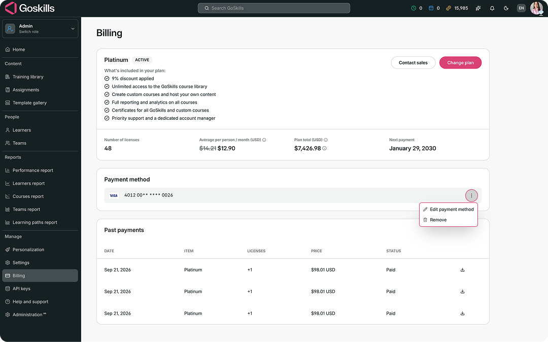 Billing page with options to edit or remove a payment method.