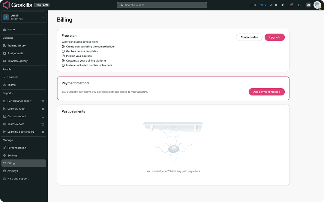 Billing page with the Add payment method option.