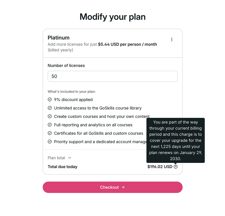 Modify your plan page showing the updated license count and prorated total due.