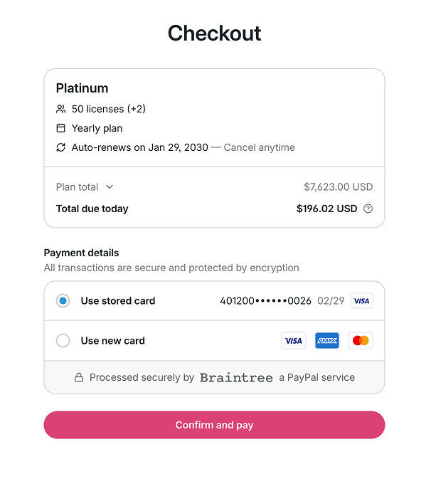 Checkout page showing the updated license total, payment details, and Confirm and pay button.