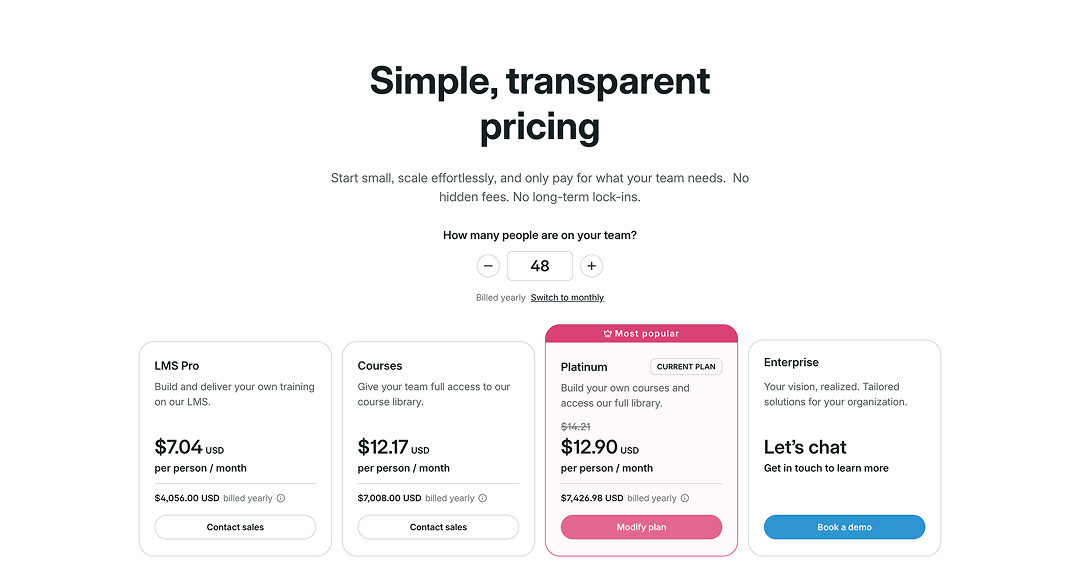GoSkills pricing page showing the current plan and number of licenses.
