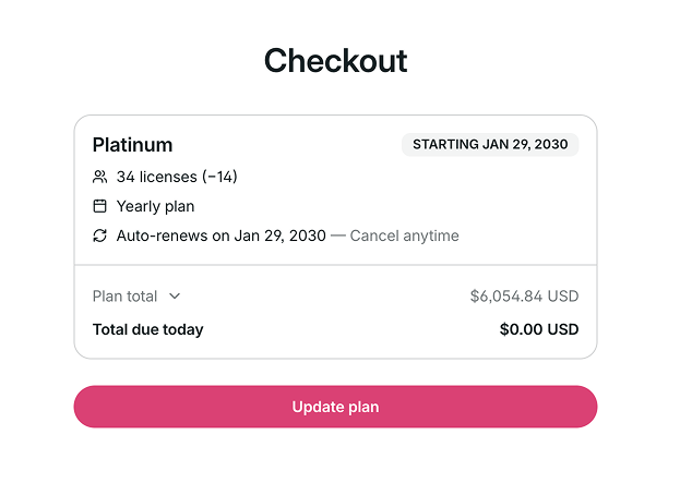 Checkout page showing the reduced license total and the date the change will take effect.