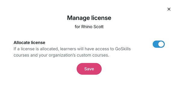 Manage license window with the Allocate license toggle turned on.