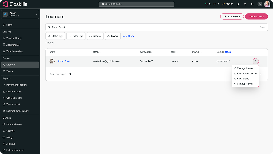 Learner menu with the Manage license option.