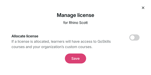 Manage license window with the Allocate license toggle turned off.