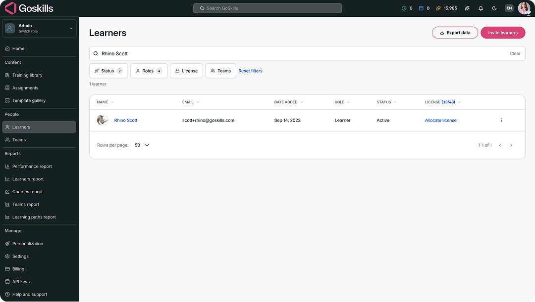 Learners page showing the Allocate license option for a learner.