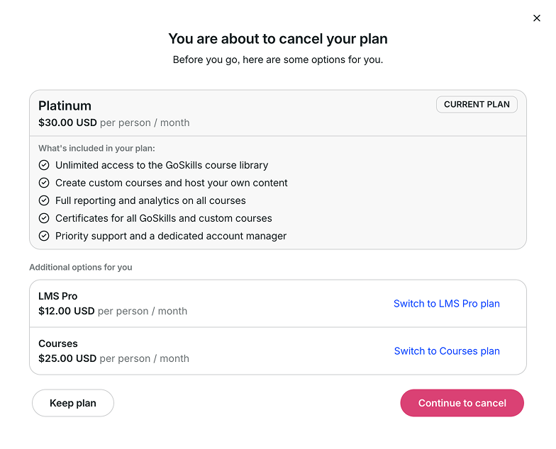Cancellation page with options to switch plans or continue canceling.