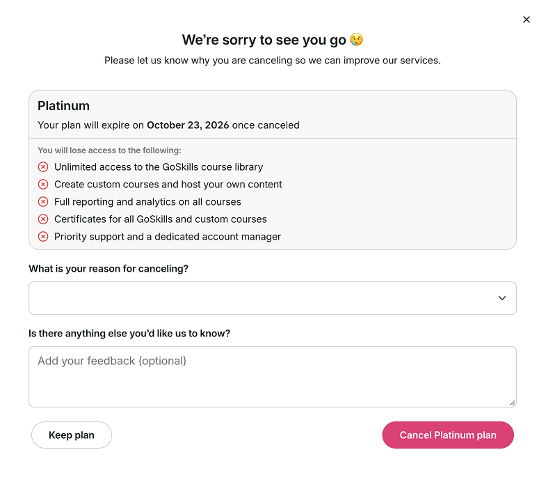 Cancellation form showing plan expiration details and feedback fields.