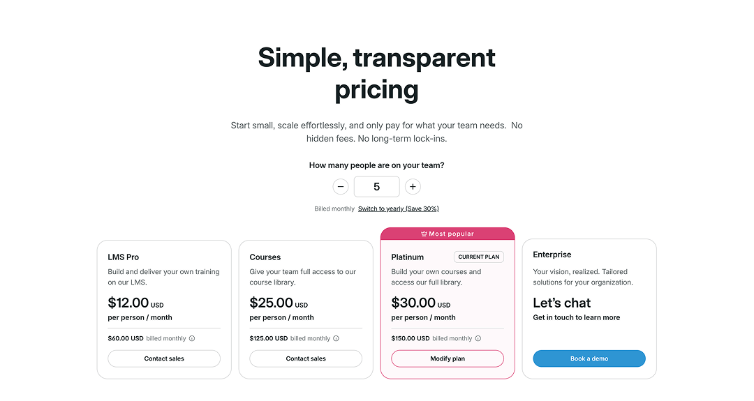 GoSkills pricing page showing the current Platinum plan.