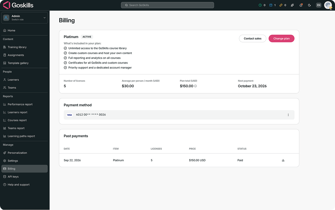 Billing page with the Change plan button highlighted.