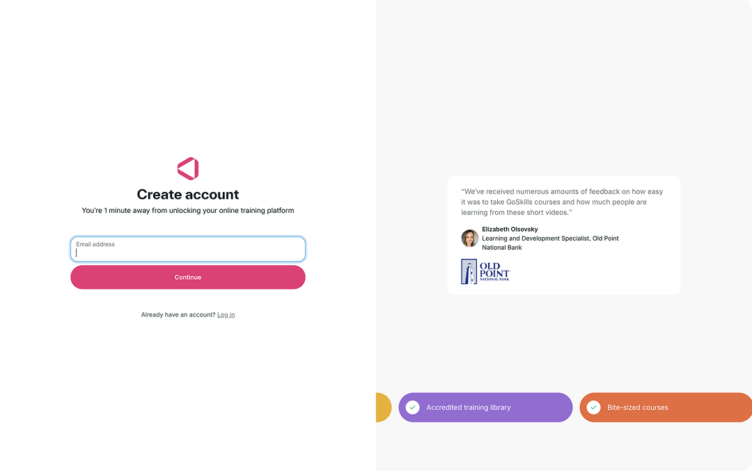 GoSkills account creation page with email field.