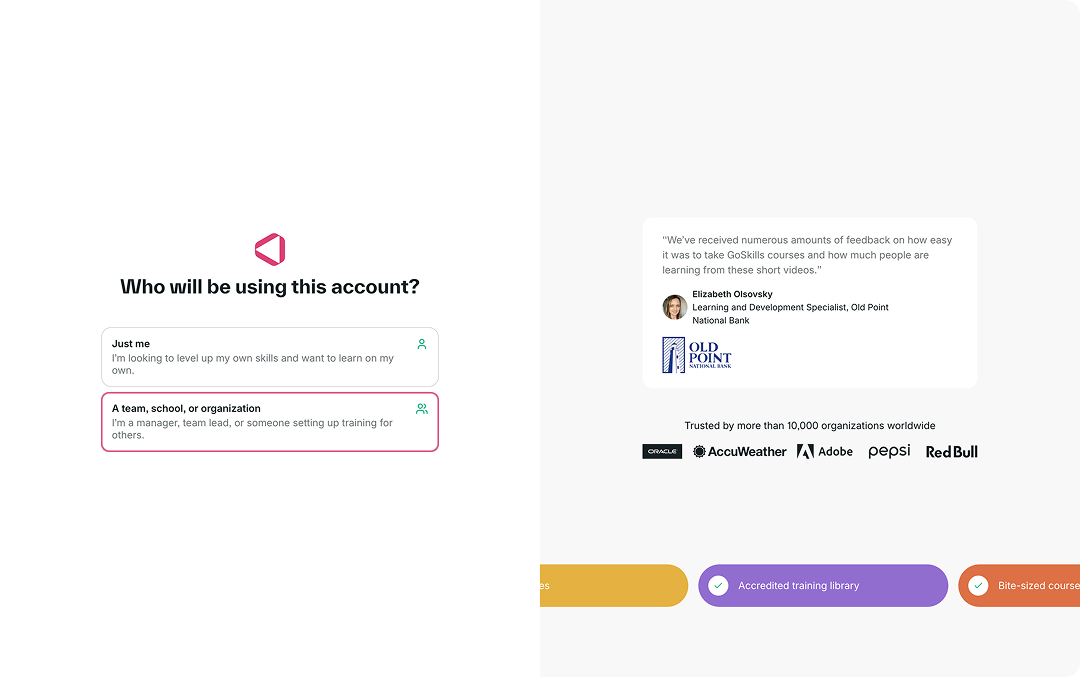 Account type options with team, school, or organization selected.