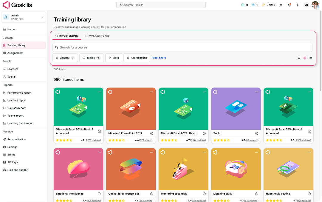 GoSkills Training library with In your library and Available to add tabs.