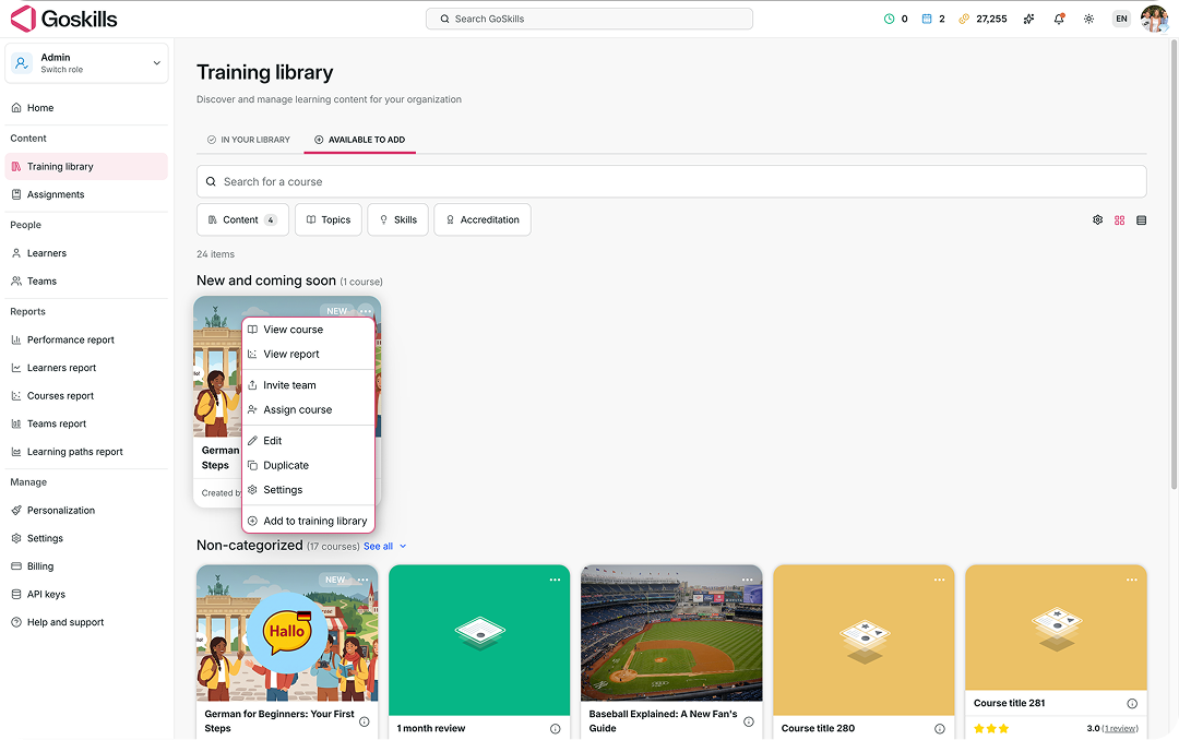 Available to add tab with the Add to training library option selected from a course menu.