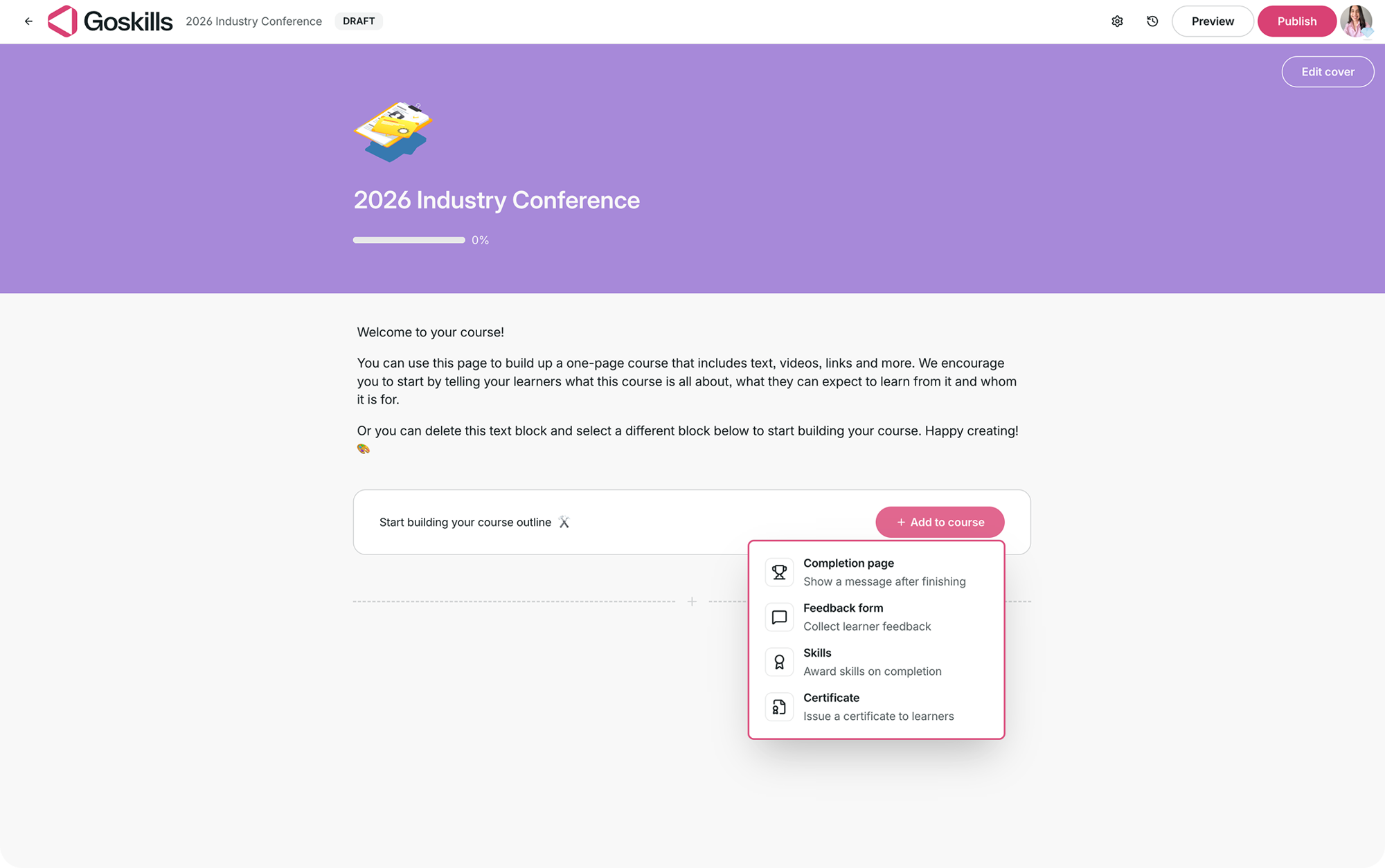 Learning record builder showing the available Add to course components.