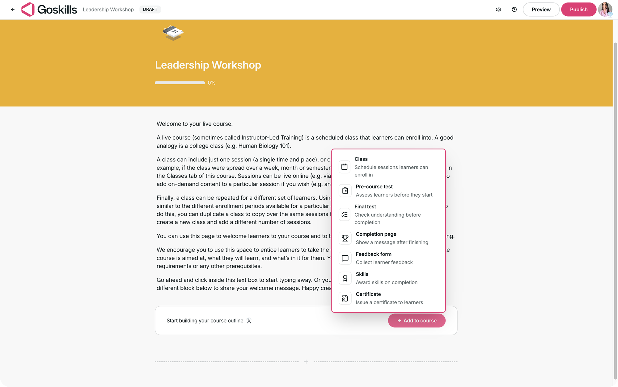Live course builder showing the available Add to course components.