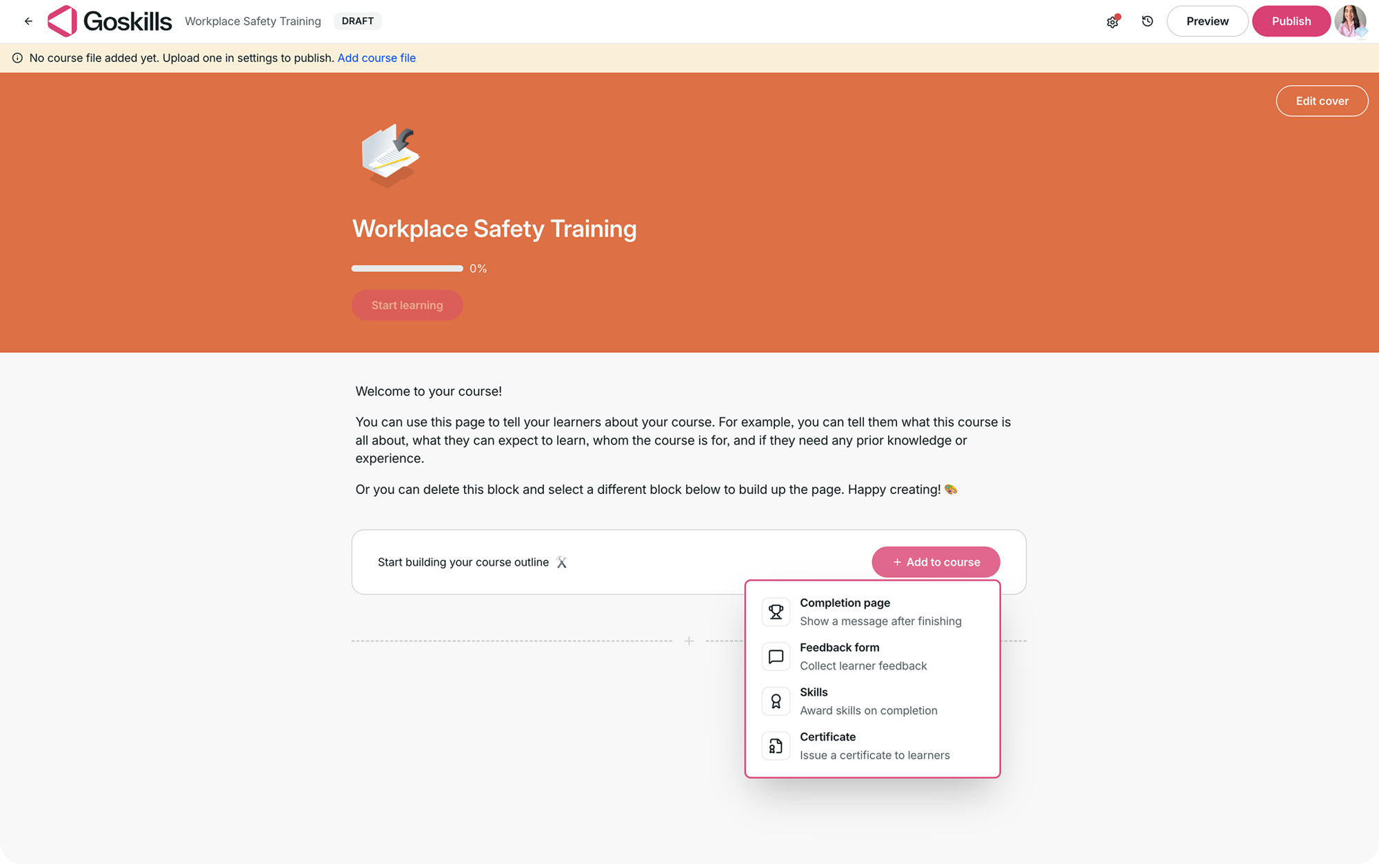 Imported course builder showing the available Add to course components.