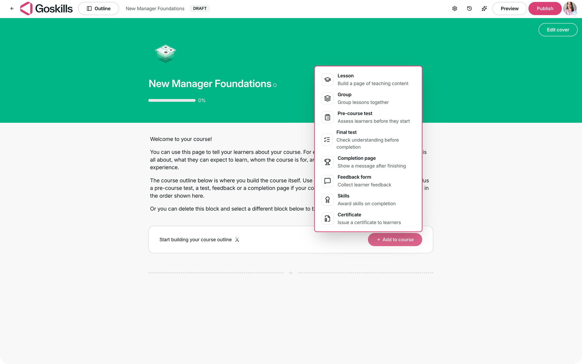 On-demand course builder showing the available Add to course components.
